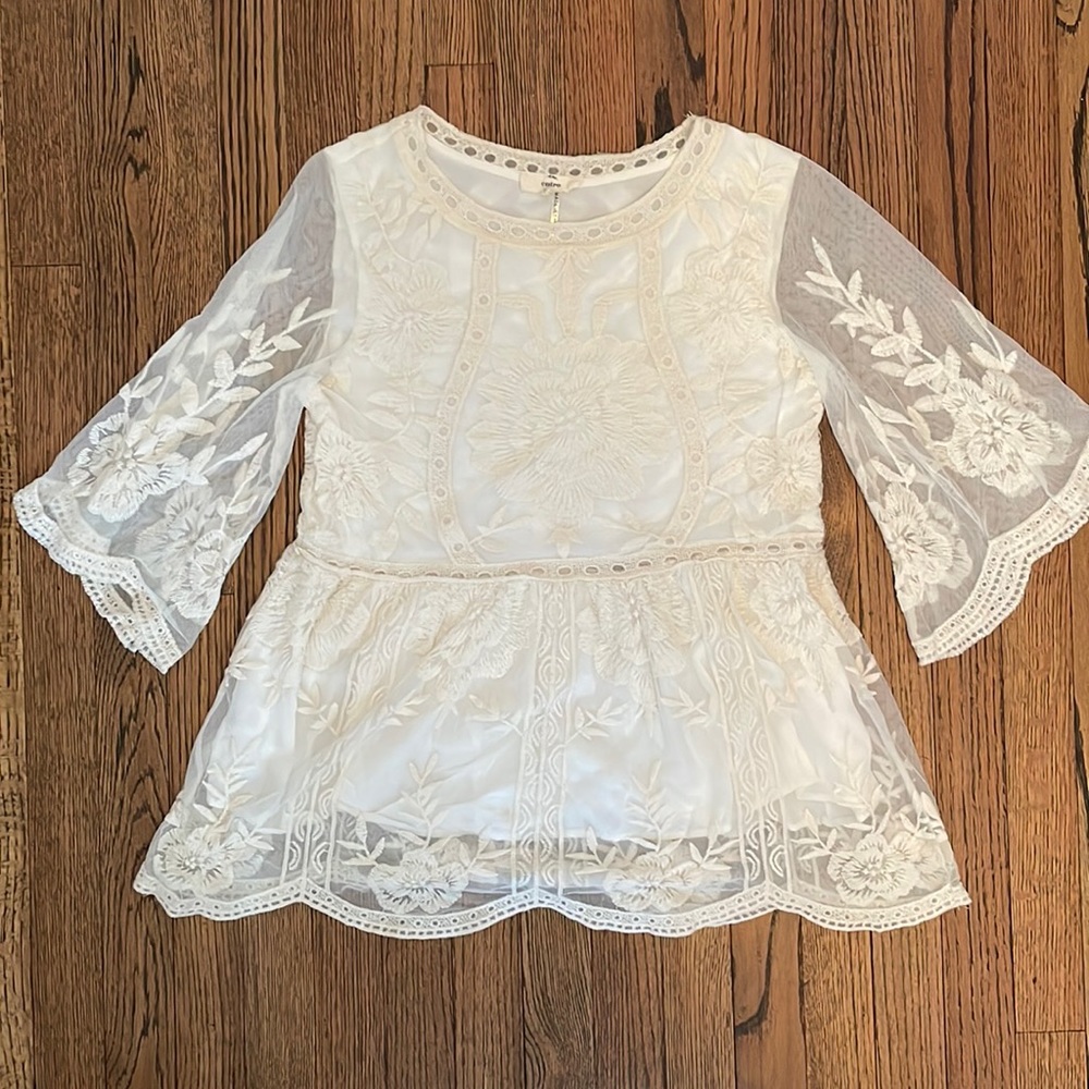 Entro Lace Cream Tiered Top with Bell Sleeve